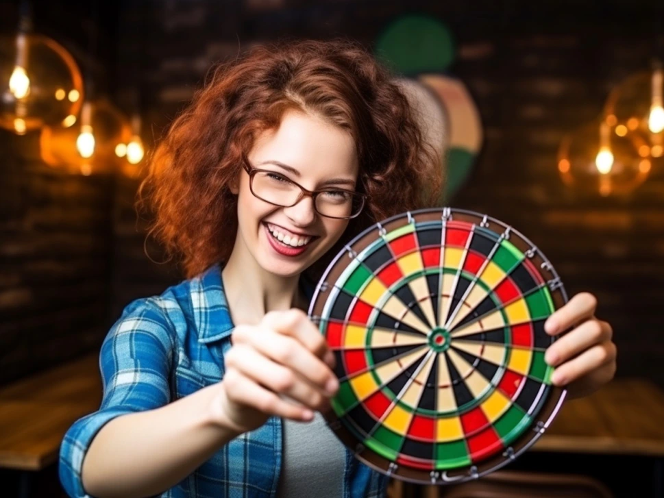 Woman holding a dartboard
